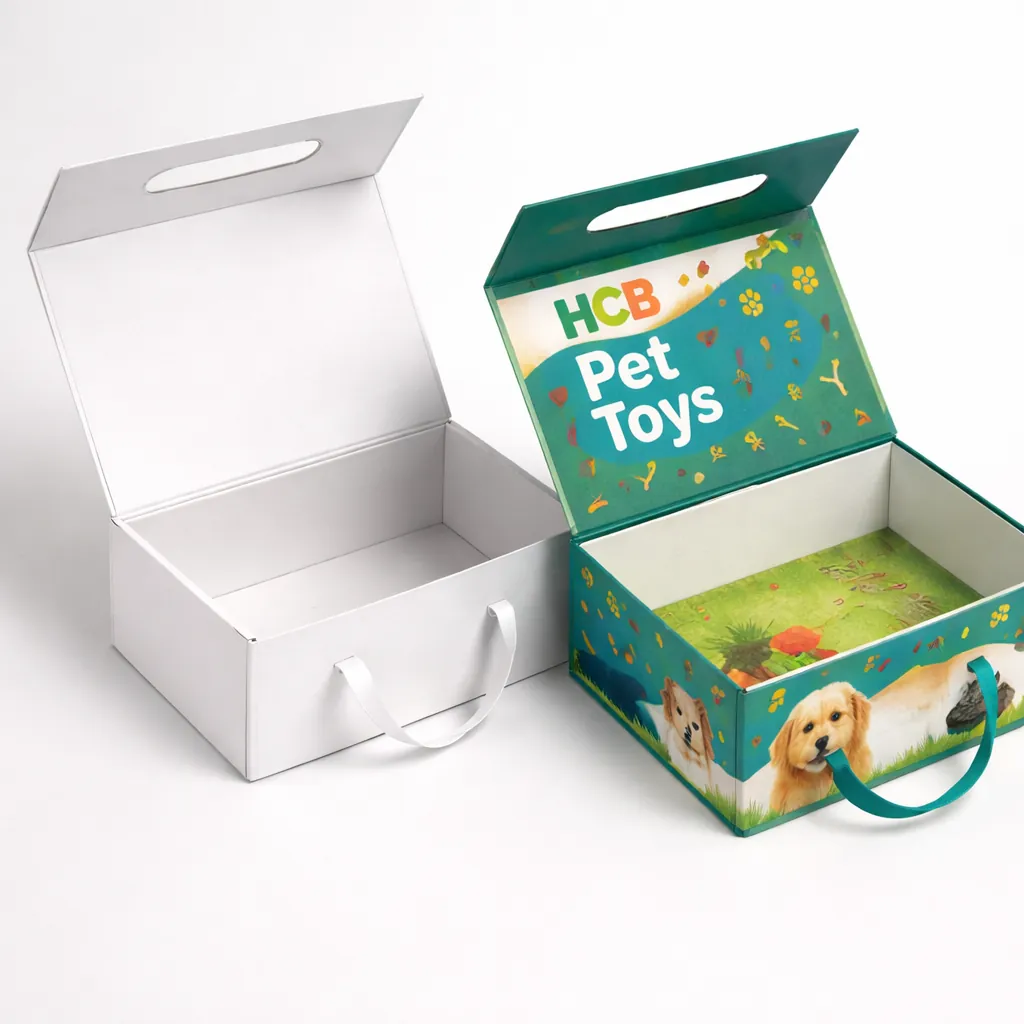 Two vertical retail boxes, one minimalist white and one with a transparent window showing colourful pet toys. class=